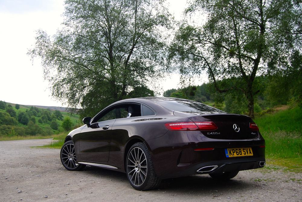 2019 mercedes benz e400d coupe red side rear windows down review roadtest